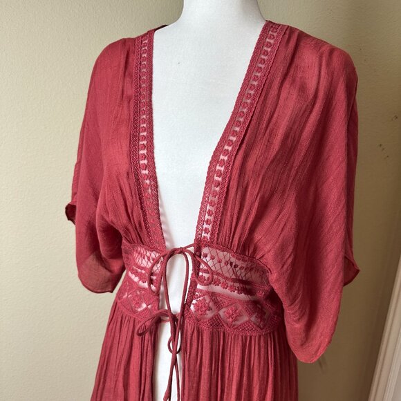 Aakaa Kaftan Open Front Dress Cover Up Size Medium Lace and Tie Details - Picture 3 of 10